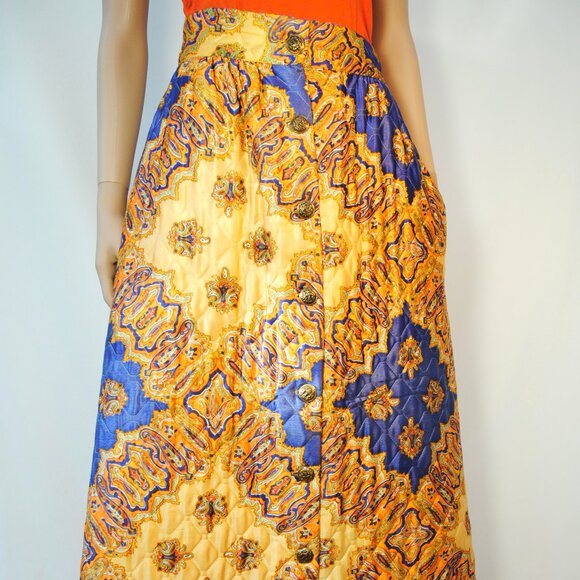 Dresses & Skirts - SALE! 1960s QUILTED maxi skirt with POCKETS! Brass button front, 30" waist